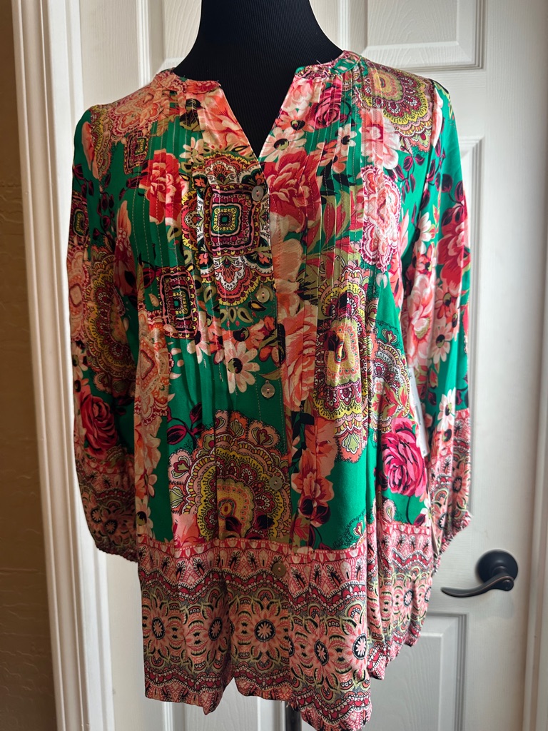 Figueroa & Flower Tunic Vibrant Green/ Pink Floral Boho Top Size Pm